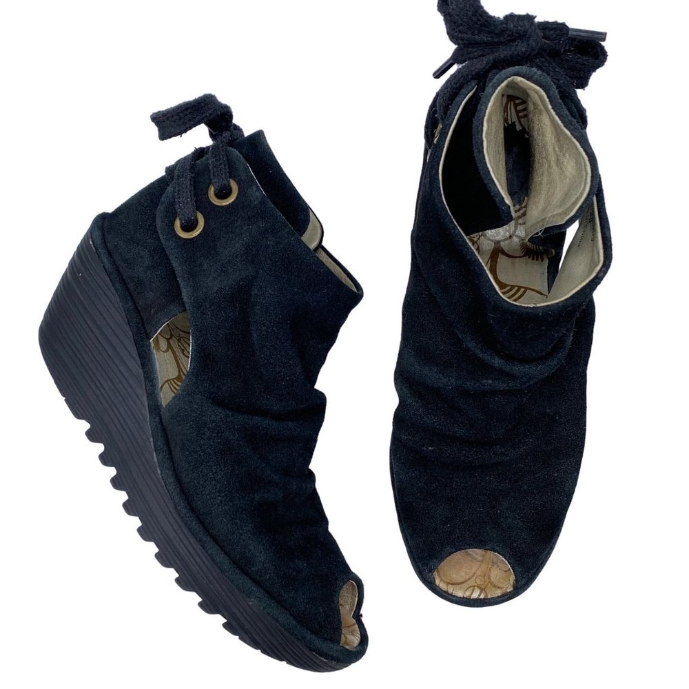 Fly London Black Suede Peep-Toe Wedge Sandals